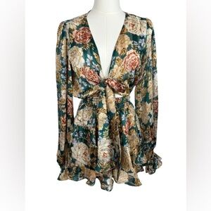 Luxxel Floral Tie-Front Romper - Green and Cream